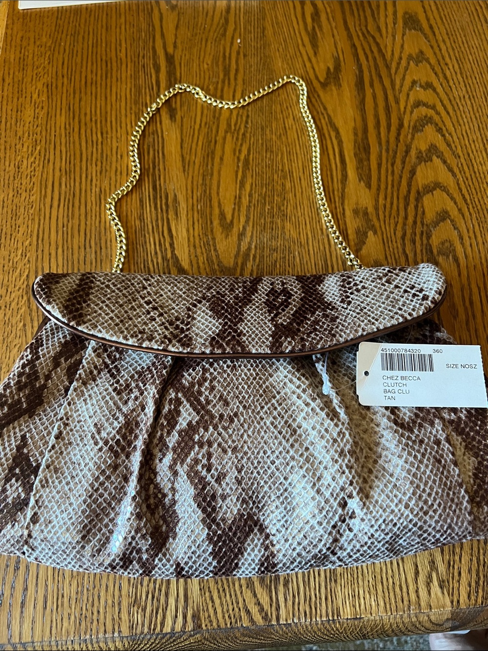 Chico's Tan and Brown Snake-Print Clutch with Gold Chain Strap